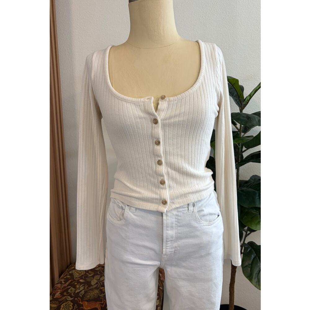 Madewell Women’s Medium Ivory Ribbed Button Front Long Sleeve Top